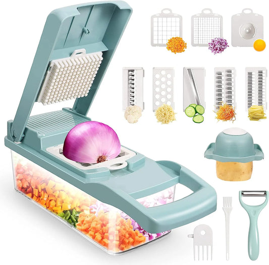 Veggie Chopper with Container, Stainless Steel, 7 Blade Options, Food-Grade Components - Blue