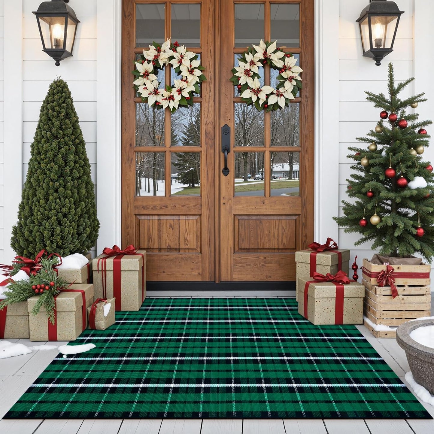 Christmas Outdoor Rug 3X5, Black and Green Buffalo Plaid Front Porch Doormat, Washable Xmas Checkered Entryway Rugs, Hand Woven Cotton Bedroom Carpet for Kitchen Patio Bathroom Holiday Decor