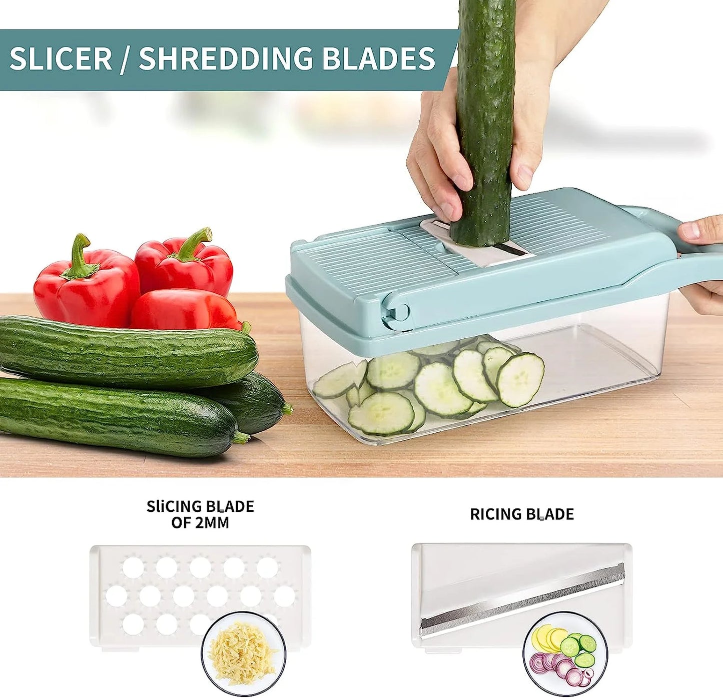 Veggie Chopper with Container, Stainless Steel, 7 Blade Options, Food-Grade Components - Blue