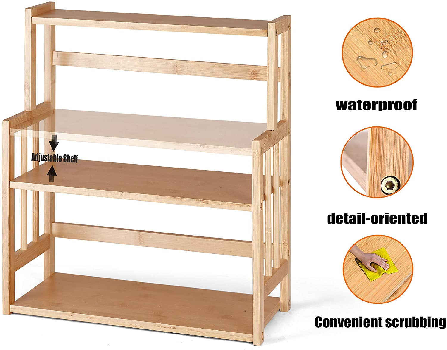 Bamboo Spice Rack Kitchen Countertop Organizer Storage Shelves-3 Tier Standing Pantry Shelf with Adjustable Shelf