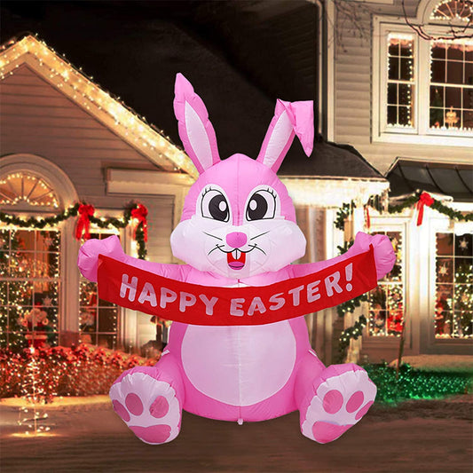5FT Easter Inflatable Bunny Outdoor Decorations, Blow up Rabbit Holding Happy Easter Banner with Build-In Leds for Easter Holiday Party Indoor, Outdoor, Yard, Garden, Lawn Decor