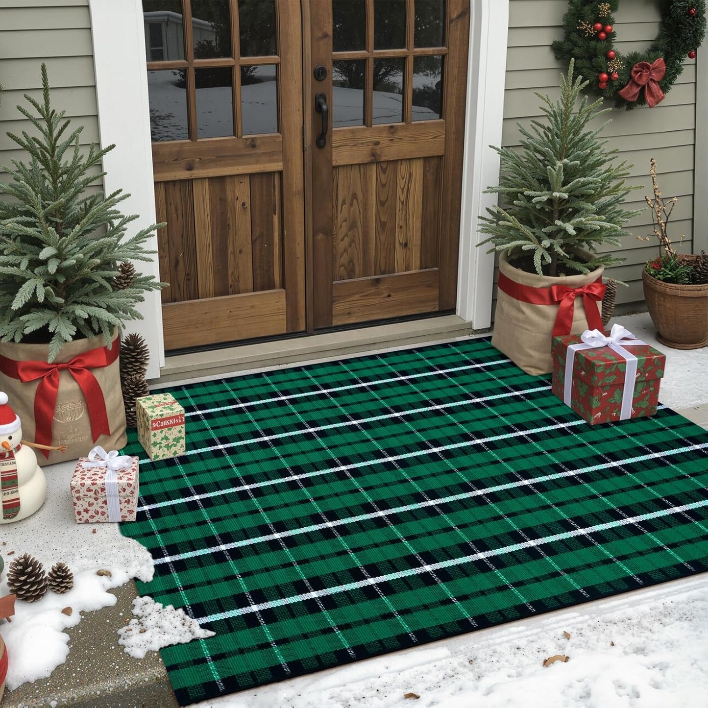 Christmas Outdoor Rug 3X5, Black and Green Buffalo Plaid Front Porch Doormat, Washable Xmas Checkered Entryway Rugs, Hand Woven Cotton Bedroom Carpet for Kitchen Patio Bathroom Holiday Decor