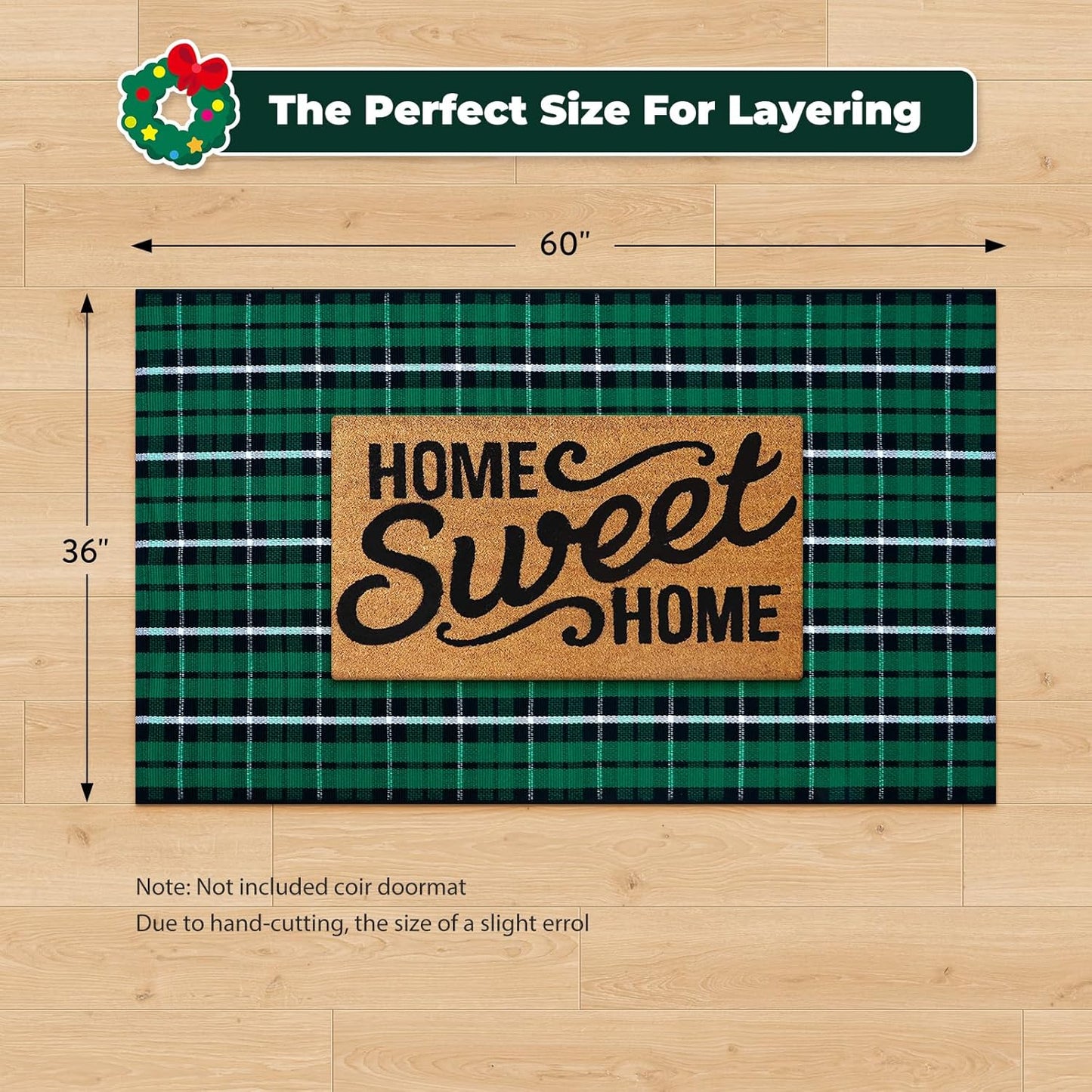 Christmas Outdoor Rug 3X5, Black and Green Buffalo Plaid Front Porch Doormat, Washable Xmas Checkered Entryway Rugs, Hand Woven Cotton Bedroom Carpet for Kitchen Patio Bathroom Holiday Decor