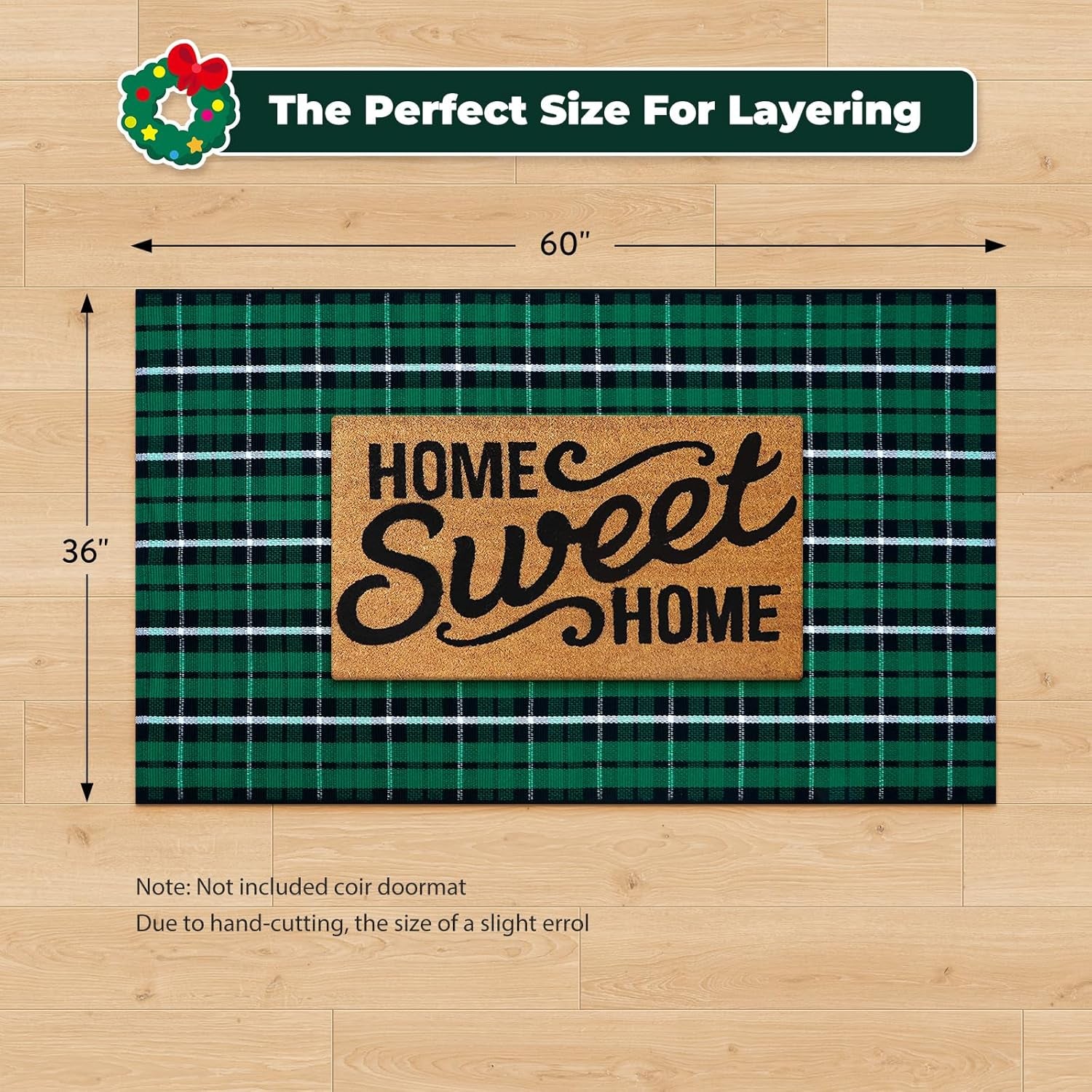 Christmas Outdoor Rug 3X5, Black and Green Buffalo Plaid Front Porch Doormat, Washable Xmas Checkered Entryway Rugs, Hand Woven Cotton Bedroom Carpet for Kitchen Patio Bathroom Holiday Decor