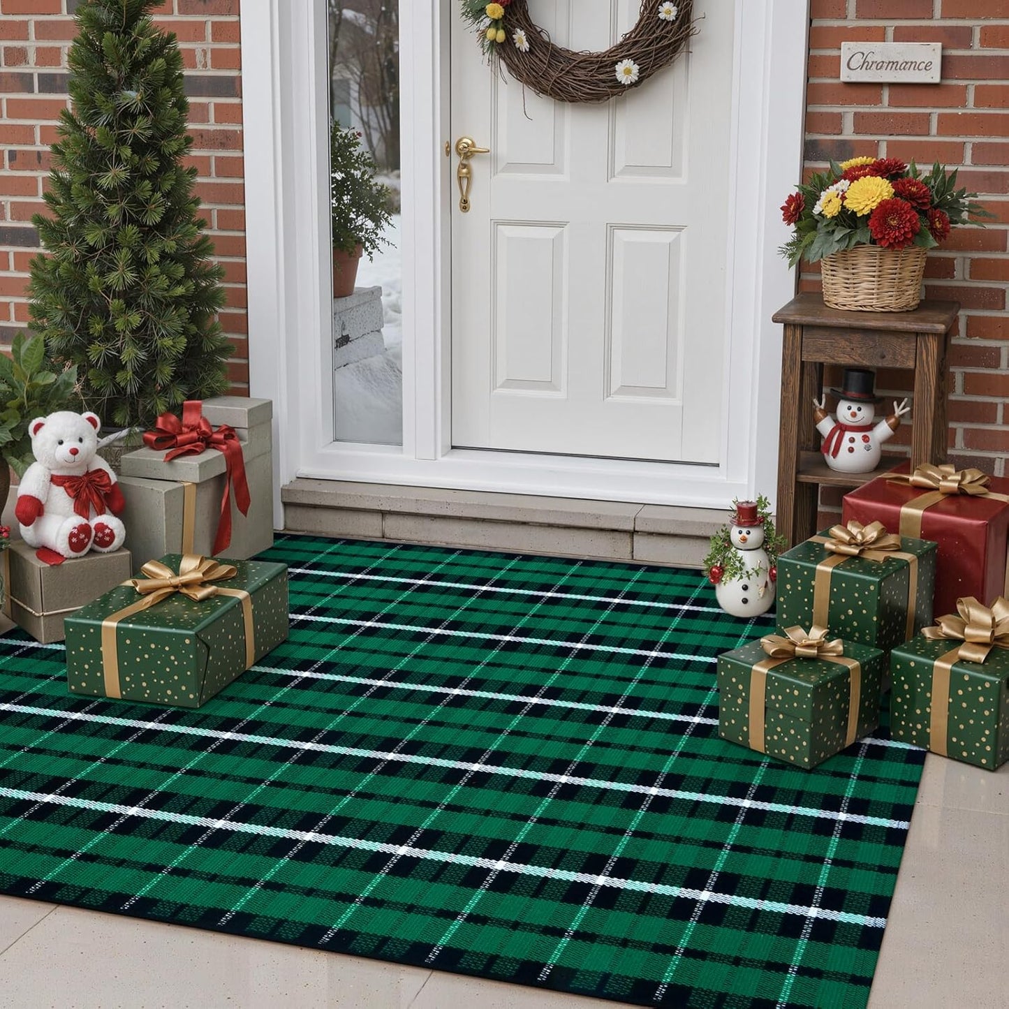 Christmas Outdoor Rug 3X5, Black and Green Buffalo Plaid Front Porch Doormat, Washable Xmas Checkered Entryway Rugs, Hand Woven Cotton Bedroom Carpet for Kitchen Patio Bathroom Holiday Decor