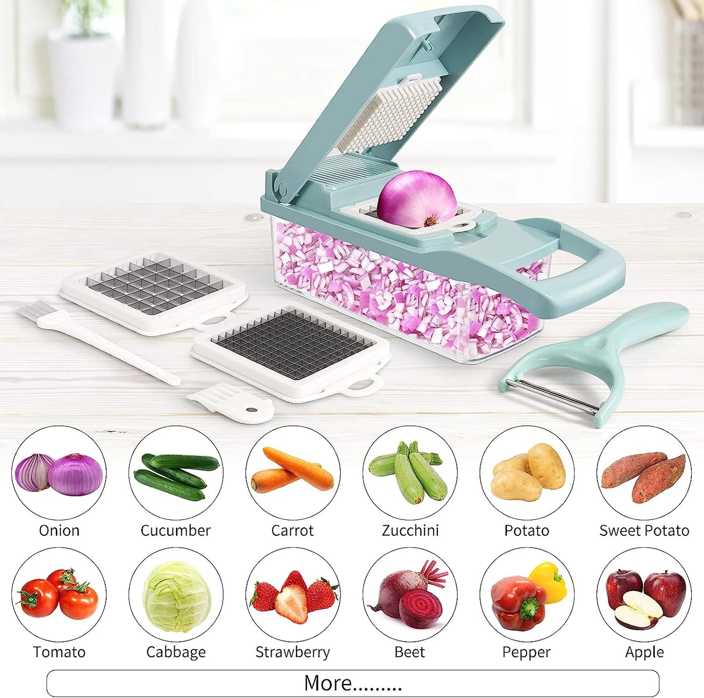 Veggie Chopper with Container, Stainless Steel, 7 Blade Options, Food-Grade Components - Blue