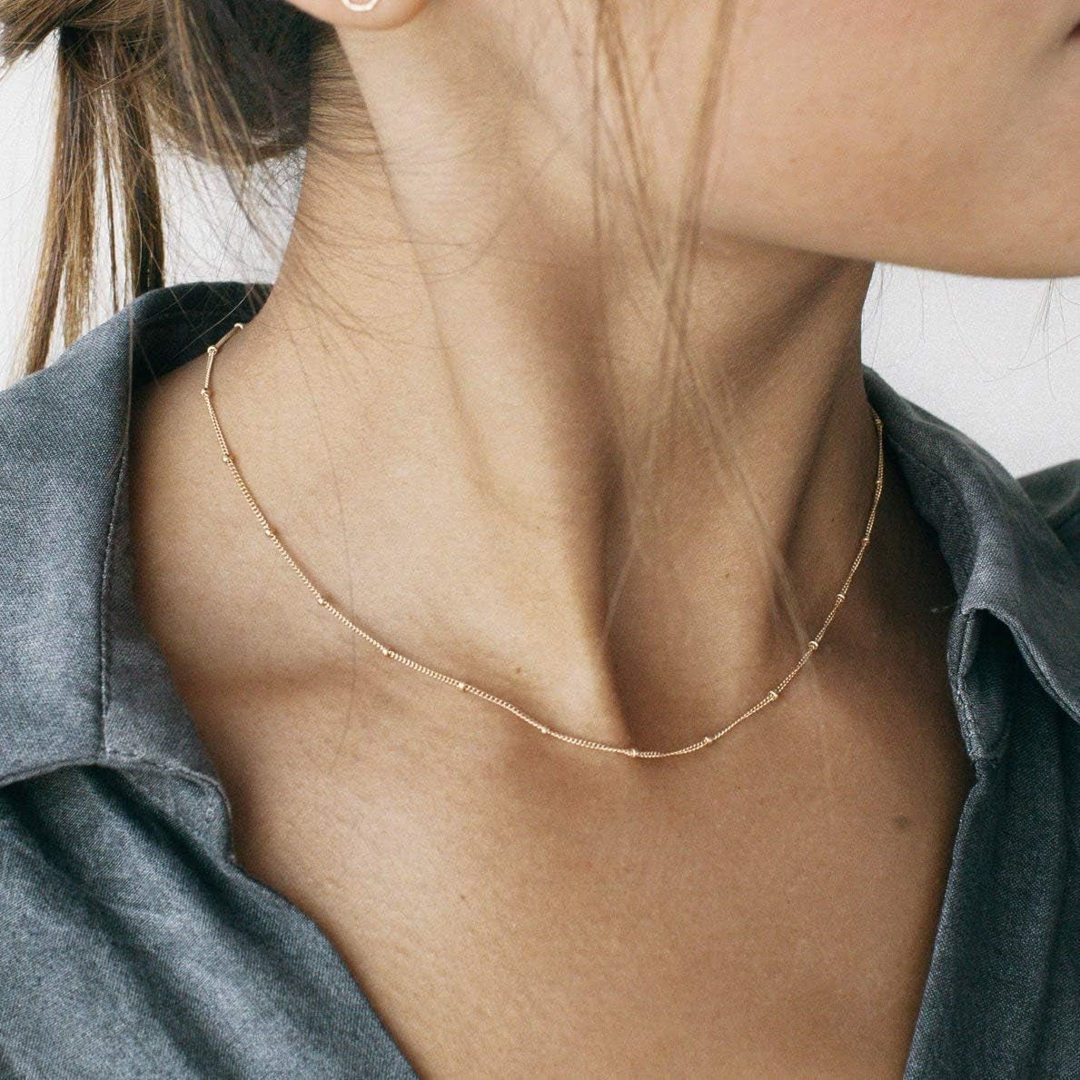 18K Gold Plated Paperclip Chain Choker Satellite Chain Freshwater Cultured Biwa Pearl Pendant Necklace Dainty Jewelry for Women