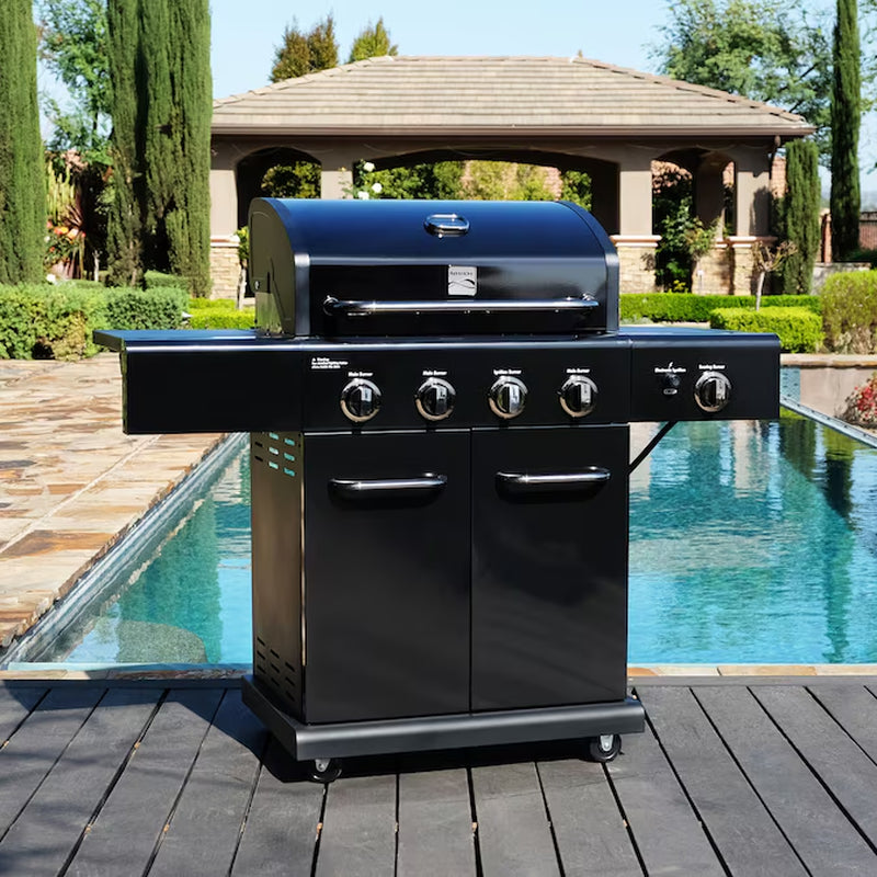 Black with Chrome Accents 4 -Burner Liquid Propane Gas Grill 1 -Side Burner