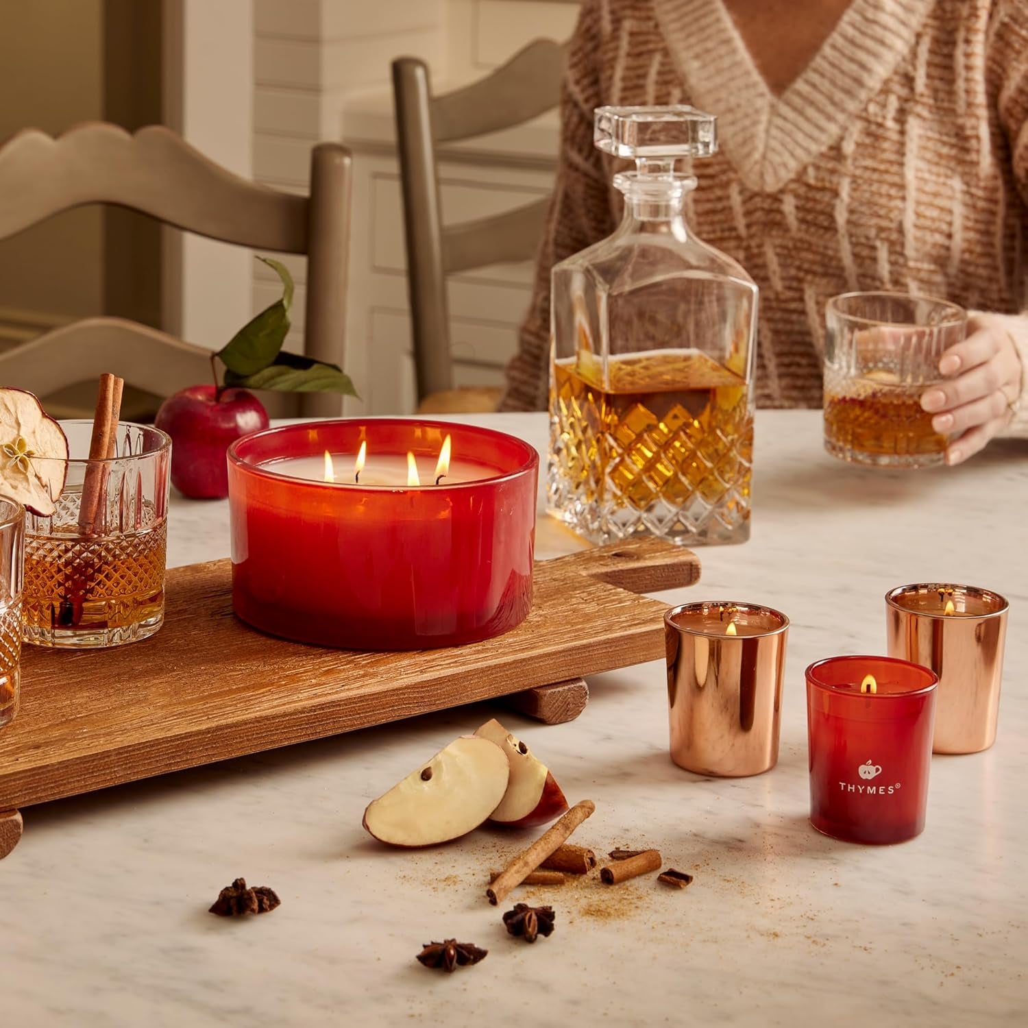 Aromatic Votive Trio – Set of Three Votive Candles – Luxury Home Fragrance – Scented Candles with Notes of Freshly Pressed Apple, Clove, & Cardamom – Red & Rose Gold (Simmered Cider, 2 Oz Each)