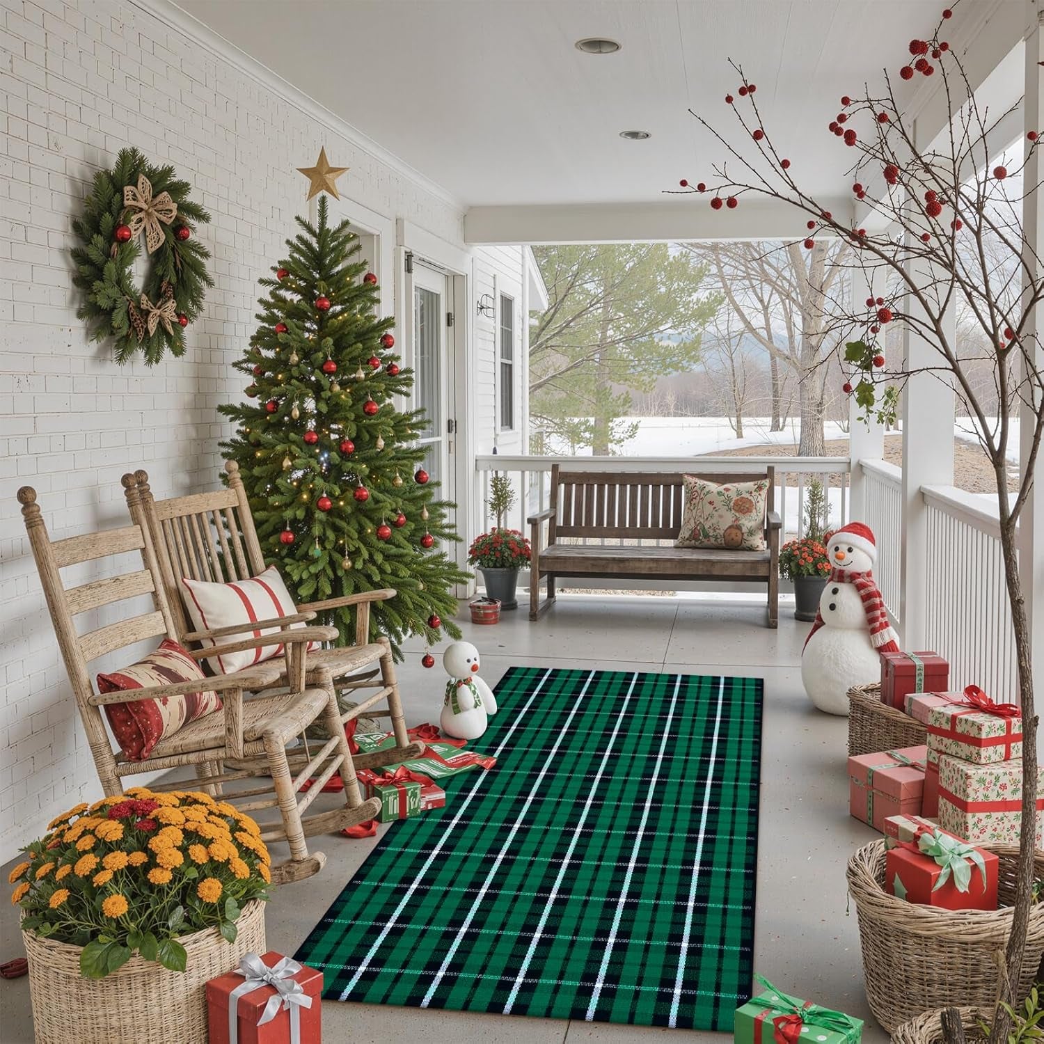 Christmas Outdoor Rug 3X5, Black and Green Buffalo Plaid Front Porch Doormat, Washable Xmas Checkered Entryway Rugs, Hand Woven Cotton Bedroom Carpet for Kitchen Patio Bathroom Holiday Decor