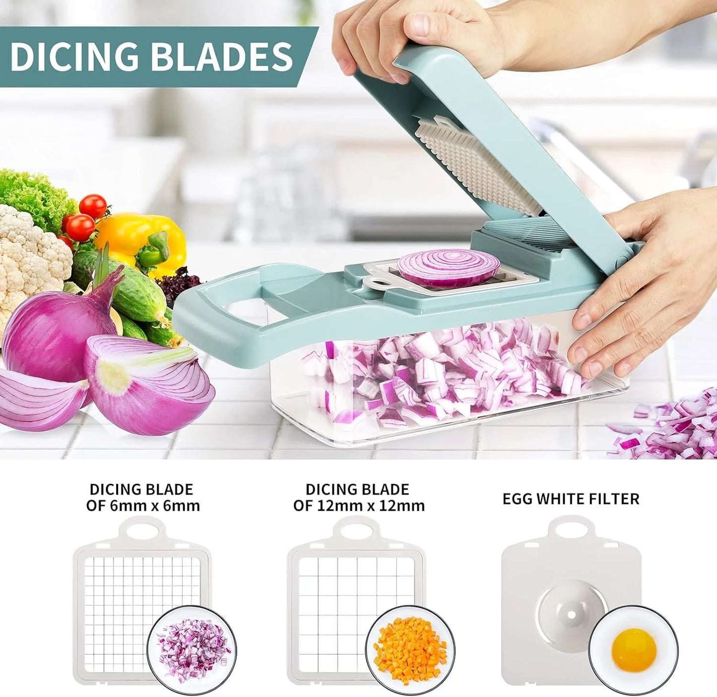 Veggie Chopper with Container, Stainless Steel, 7 Blade Options, Food-Grade Components - Blue